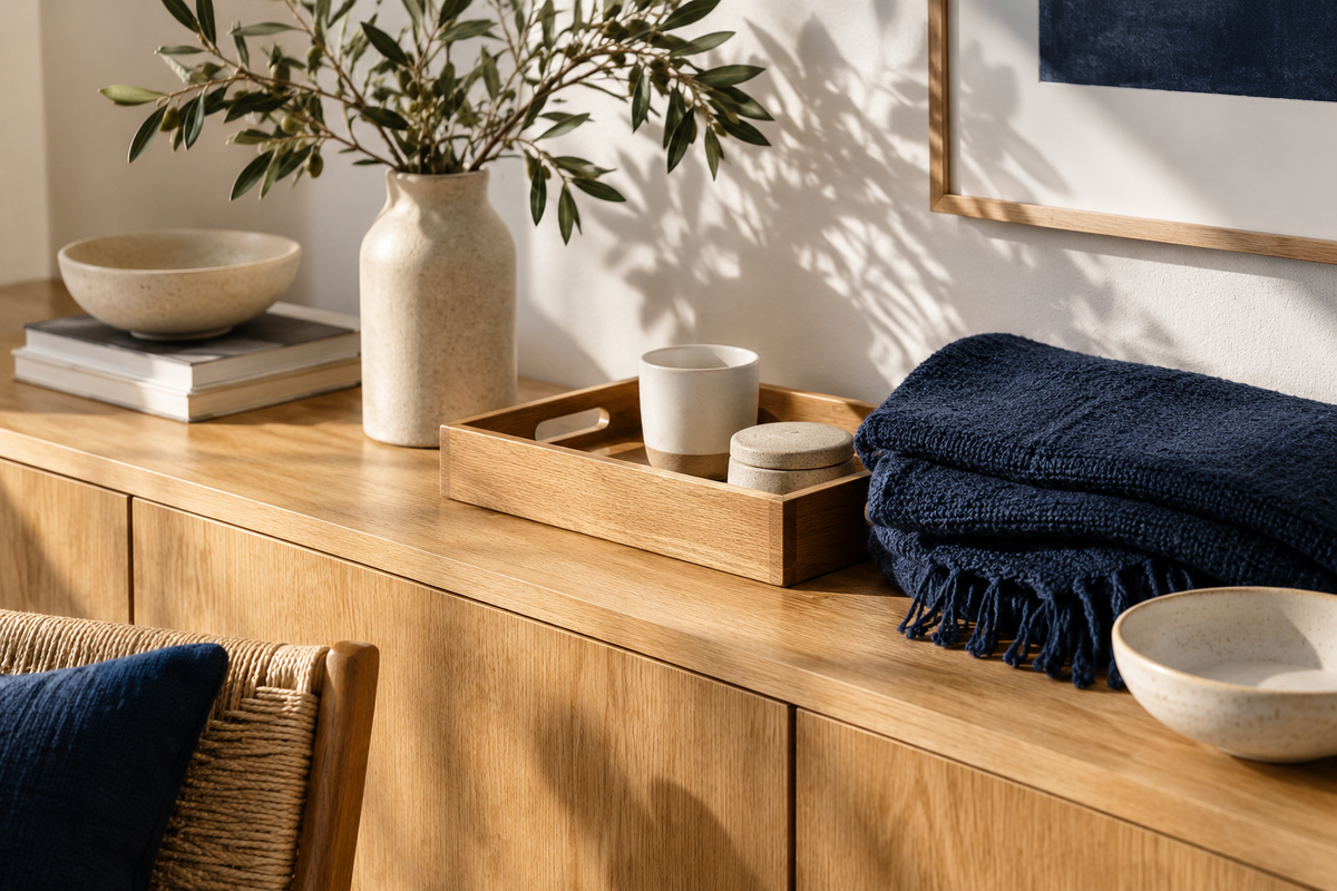 Un rincón de hogar con madera natural, cerámica y textiles azul marino